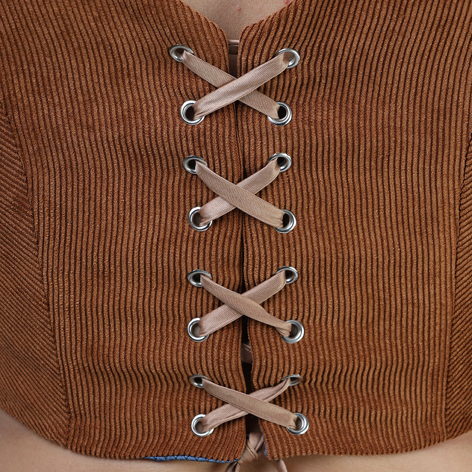 Corset talle corto, Pana, Ladrillo, Fajin azul, Ajuste en la espalda