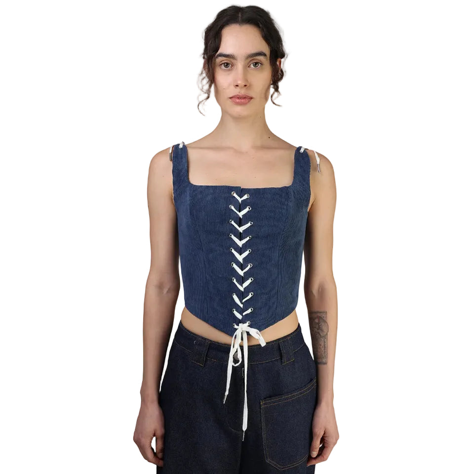 Corset talle medio, Pana, Azul, Ajuste al frente