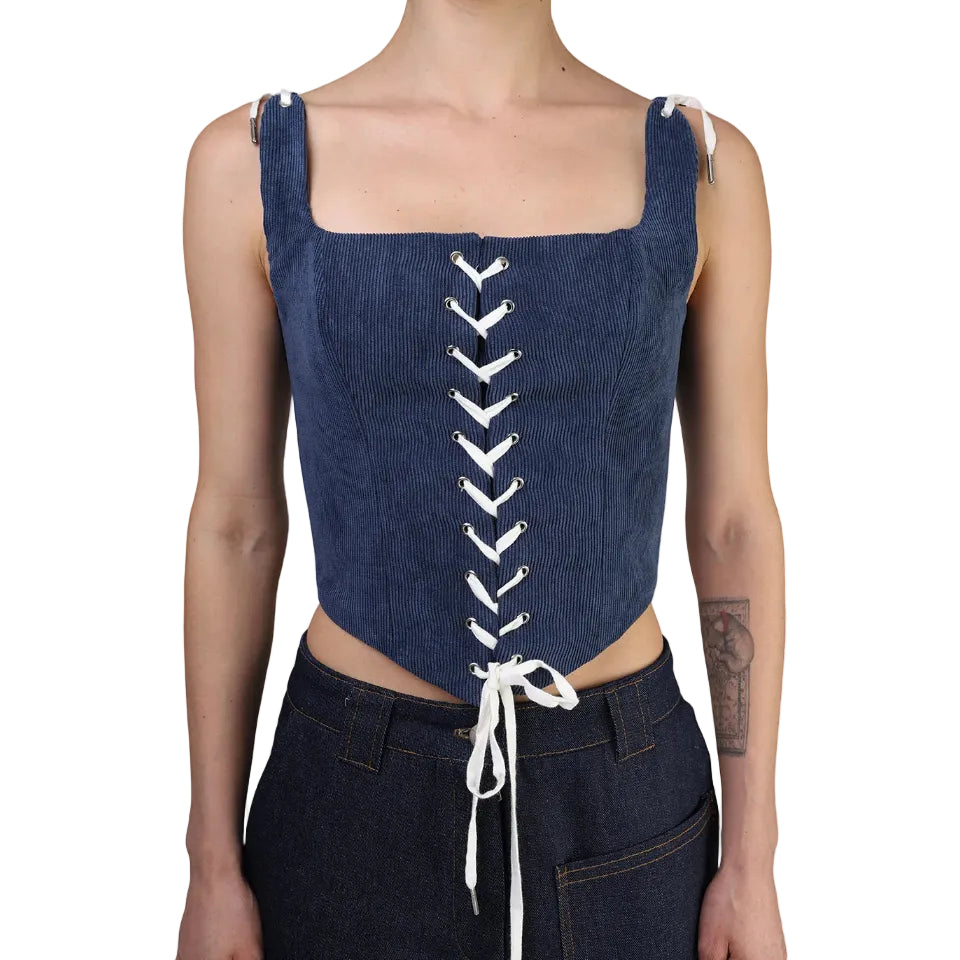 Corset talle medio, Pana, Azul, Ajuste al frente