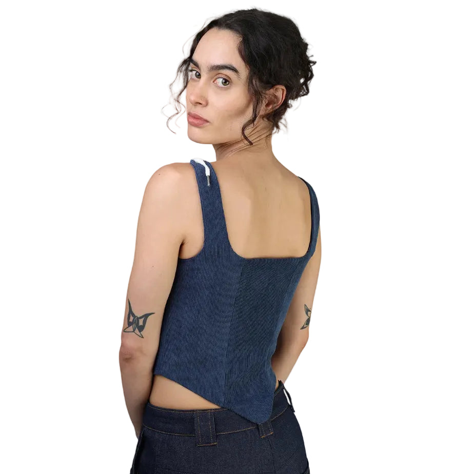 Corset talle medio, Pana, Azul, Ajuste al frente