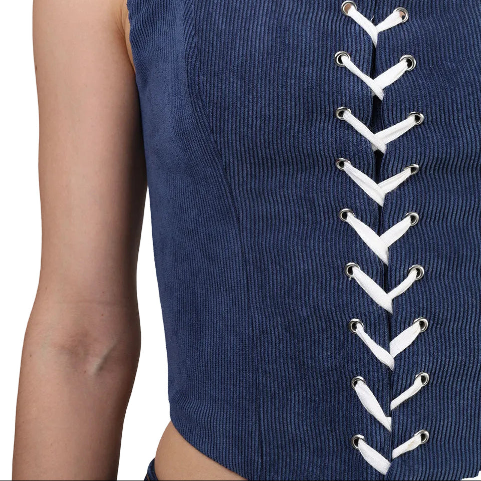 Corset talle medio, Pana, Azul, Ajuste al frente