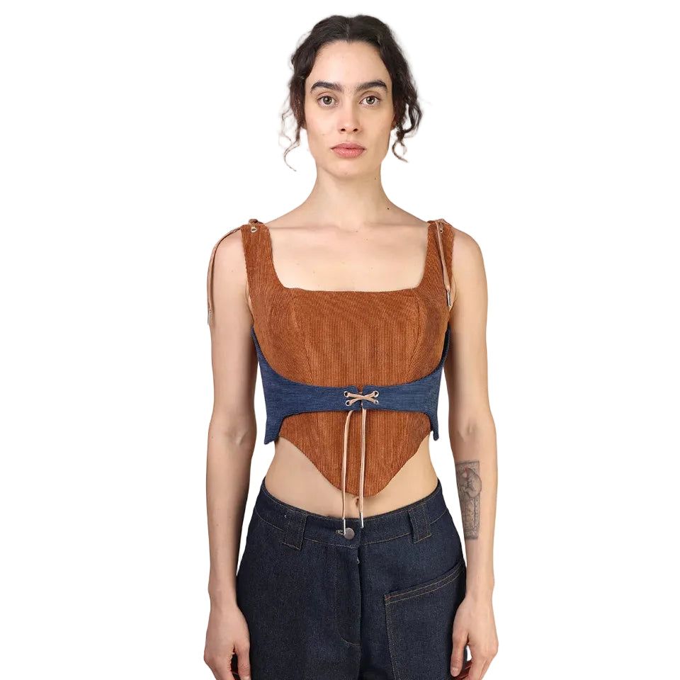 Corset talle corto, Pana, Ladrillo, Fajin azul, Ajuste en la espalda