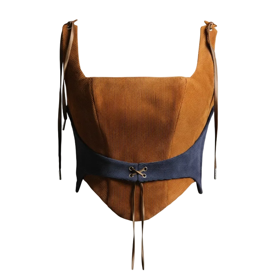 Corset talle corto, Pana, Ladrillo, Fajin azul, Ajuste en la espalda
