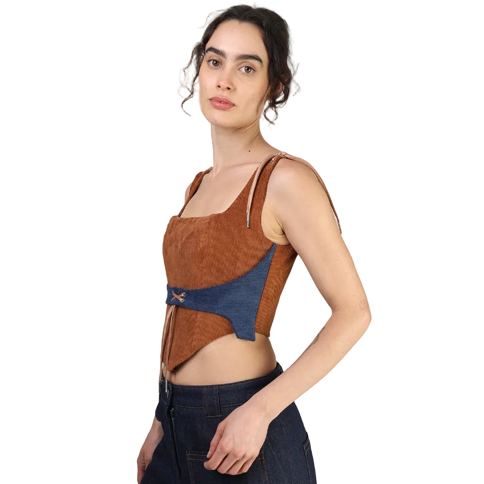 Corset talle corto, Pana, Ladrillo, Fajin azul, Ajuste en la espalda