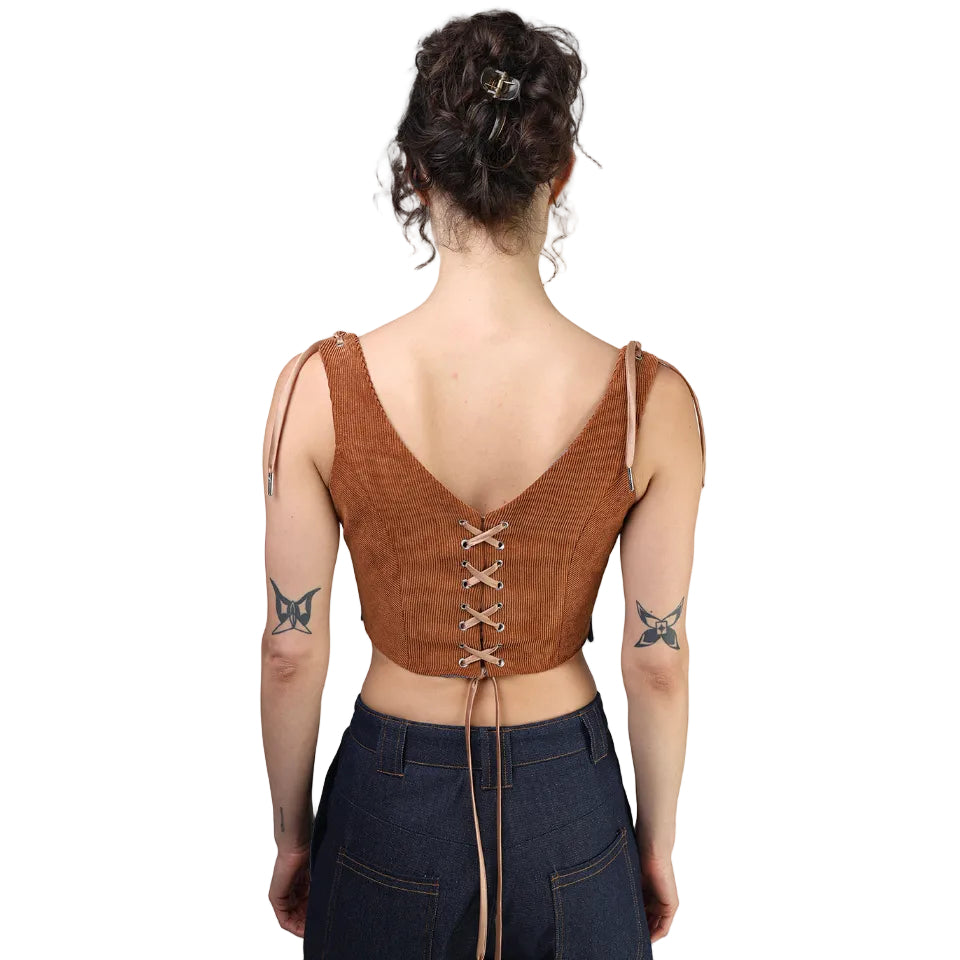 Corset talle corto, Pana, Ladrillo, Fajin azul, Ajuste en la espalda