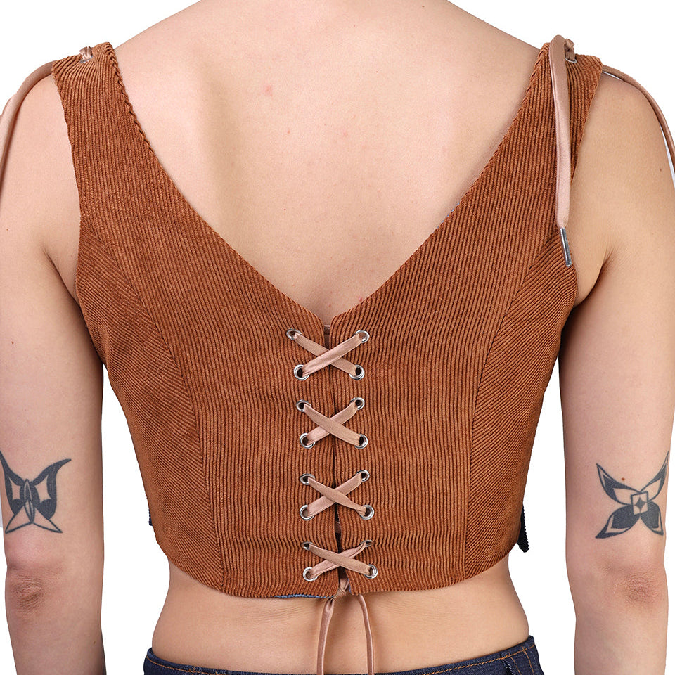 Corset talle corto, Pana, Ladrillo, Fajin azul, Ajuste en la espalda