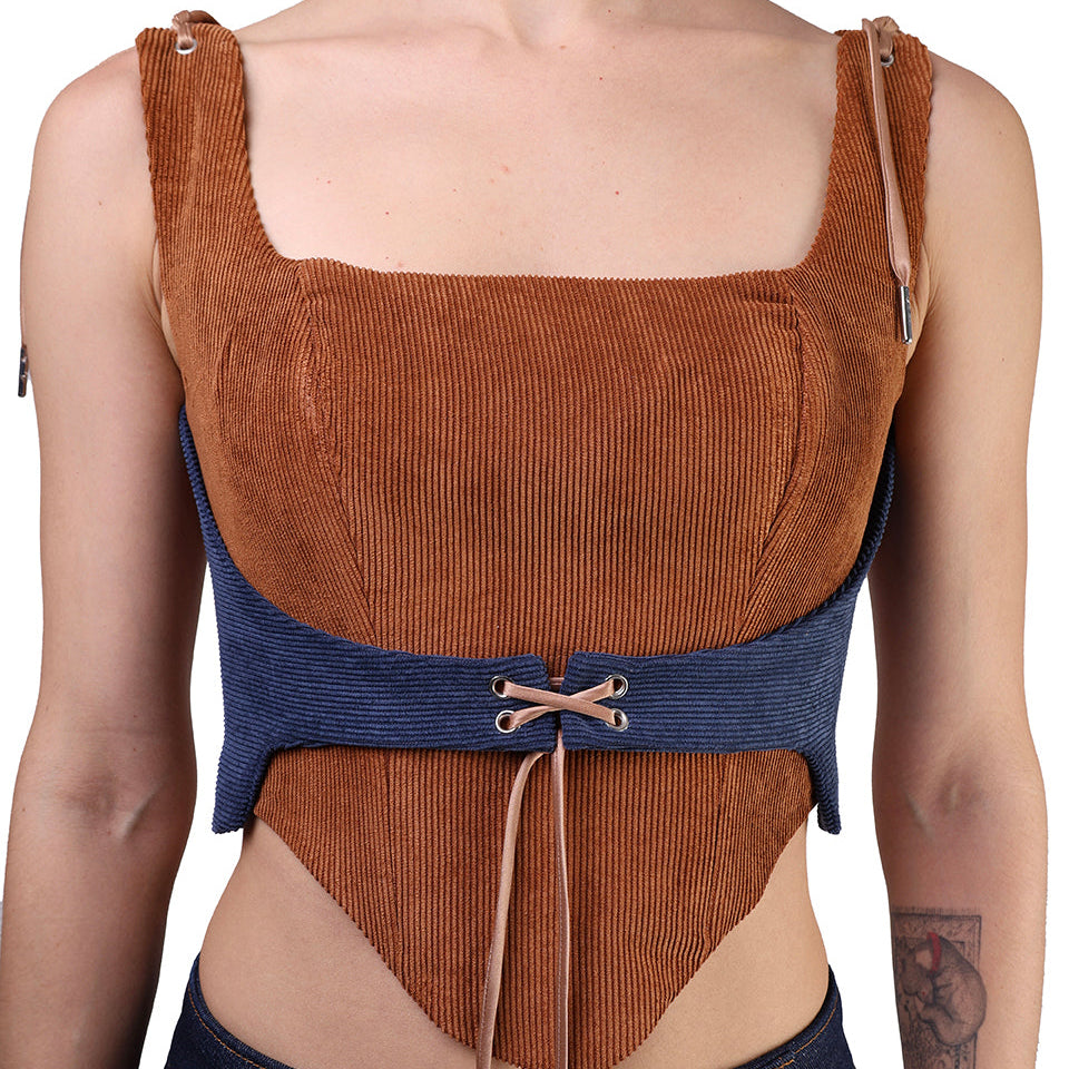 Corset talle corto, Pana, Ladrillo, Fajin azul, Ajuste en la espalda