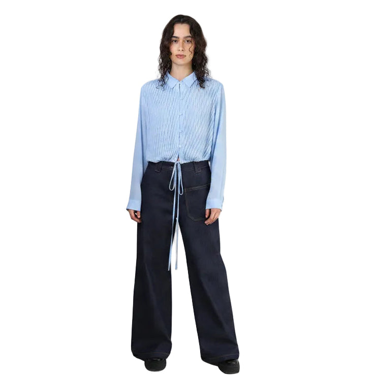 Camisa, Chiffon plisado, Azul Cielo, Ajuste de jareta en cintura