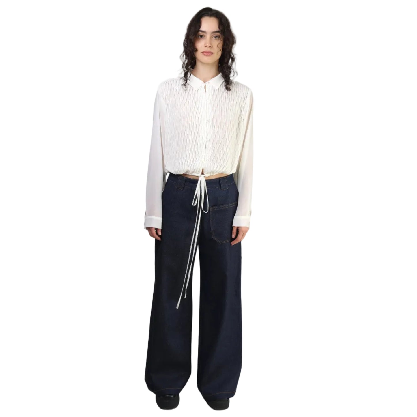 Camisa, Chiffon plisado, Hueso, Ajuste de jareta en cintura