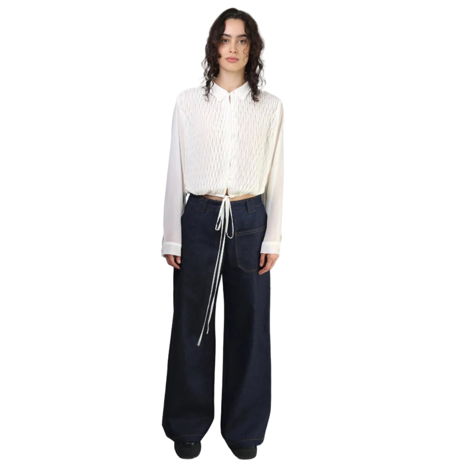 Camisa, Chiffon plisado, Hueso, Ajuste de jareta en cintura