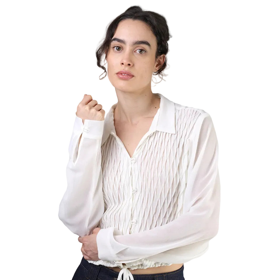 Camisa, Chiffon plisado, Hueso, Ajuste de jareta en cintura