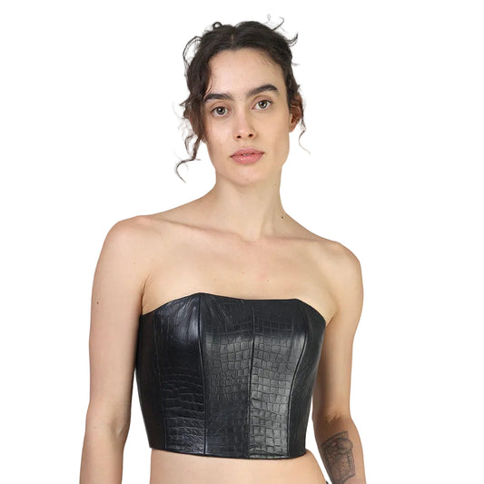 Corset talle corto, Piel, Negro, Ajuste en la espalda