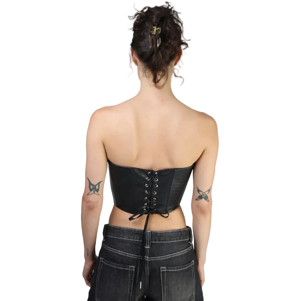 Corset talle corto, Piel, Negro, Ajuste en la espalda