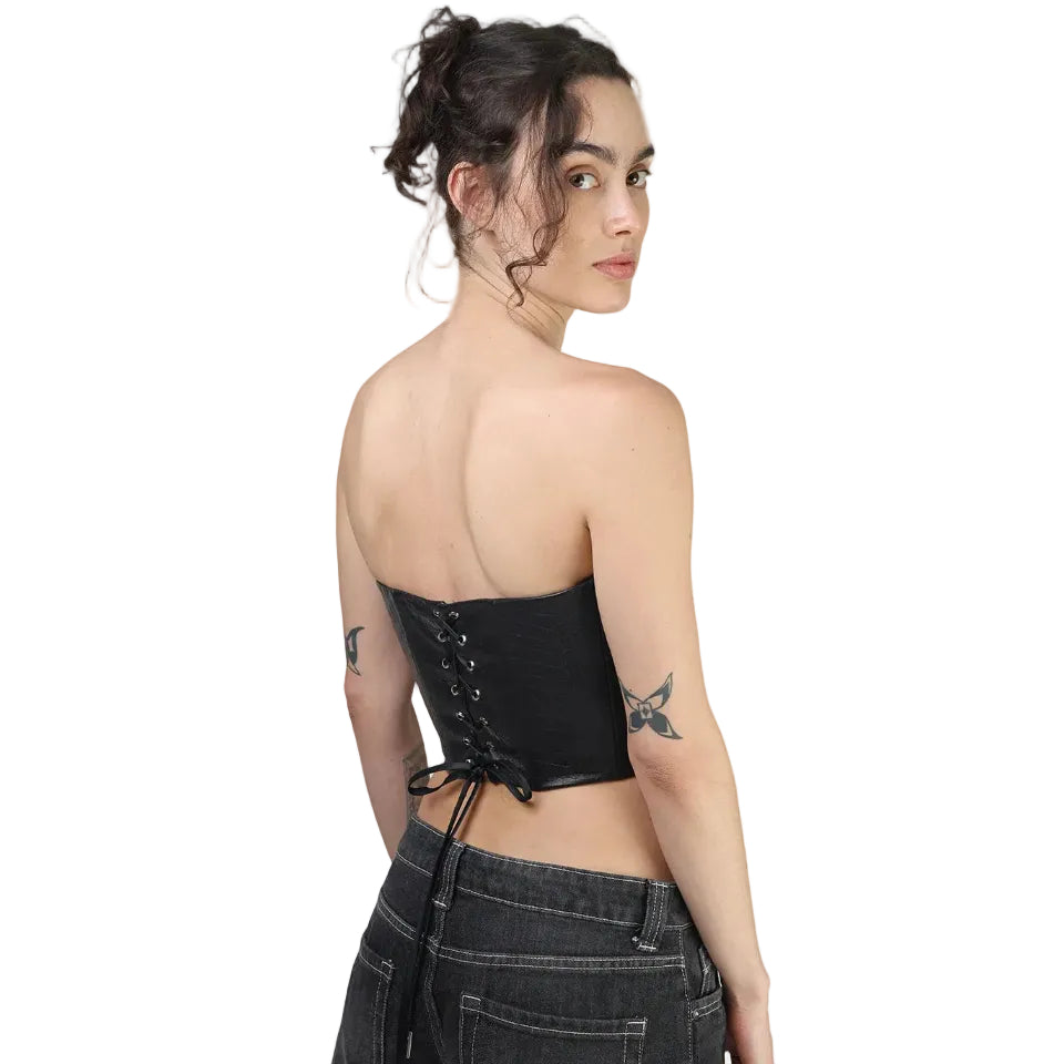 Corset talle corto, Piel, Negro, Ajuste en la espalda