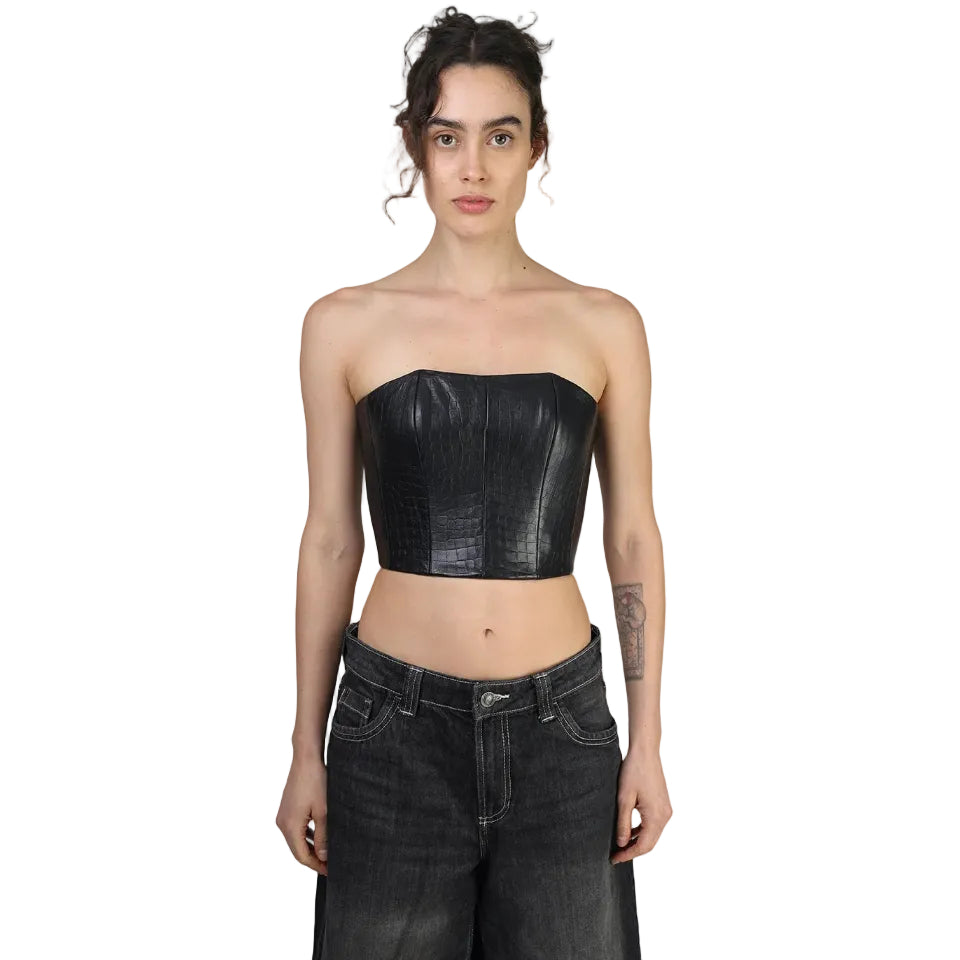 Corset talle corto, Piel, Negro, Ajuste en la espalda