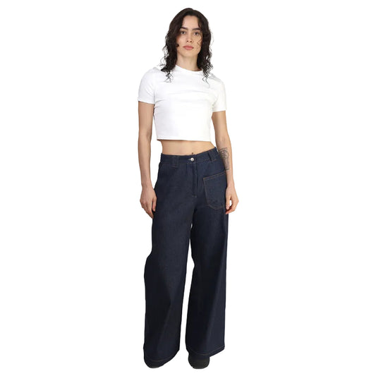 Pantalón, Pierna Amplia, Mezclilla, Azul, Parche Delantero
