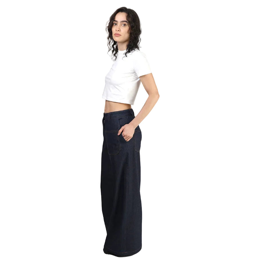 Pantalón, Pierna Amplia, Mezclilla, Azul, Parche Delantero
