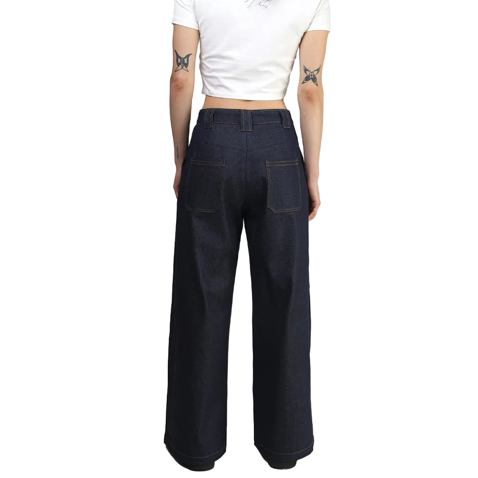 Pantalón, Pierna Amplia, Mezclilla, Azul, Parche Delantero