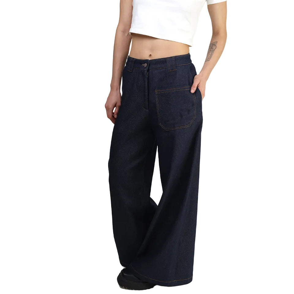 Pantalón, Pierna Amplia, Mezclilla, Azul, Parche Delantero